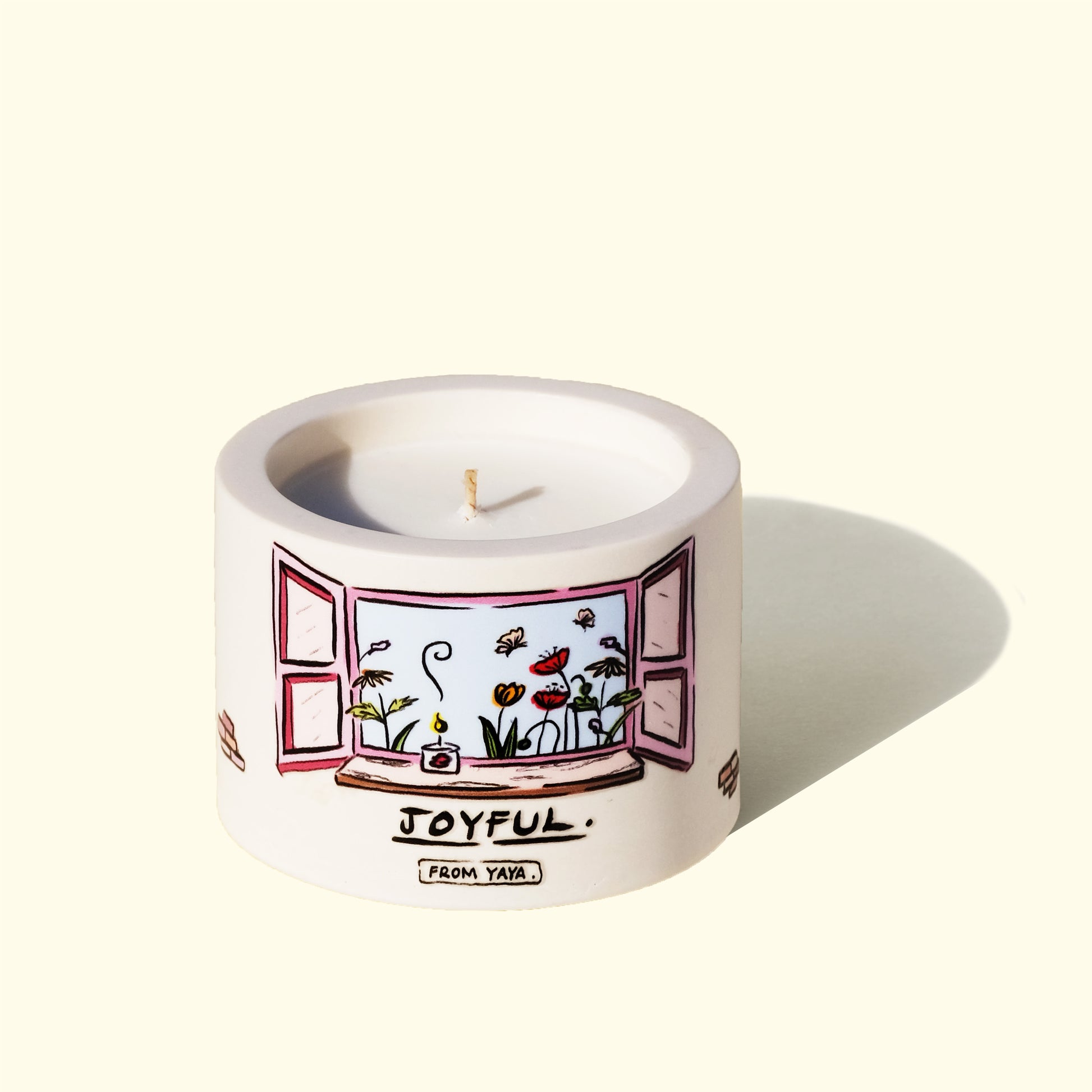 Small joyful essential oil candle. Illustration of a window overlooking a flower garden on a white background.